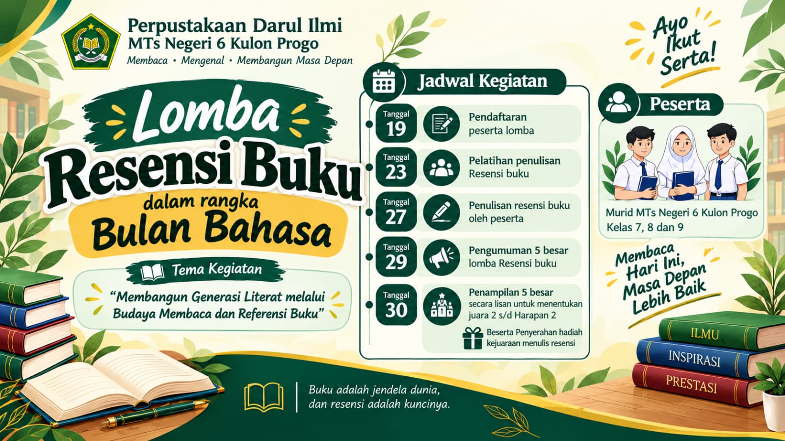 Perpustakaan Darul Ilmi MTs Negeri 6 Kulon Progo Resmi Buka Lomba Resensi Buku dalam Rangka Bulan Bahasa